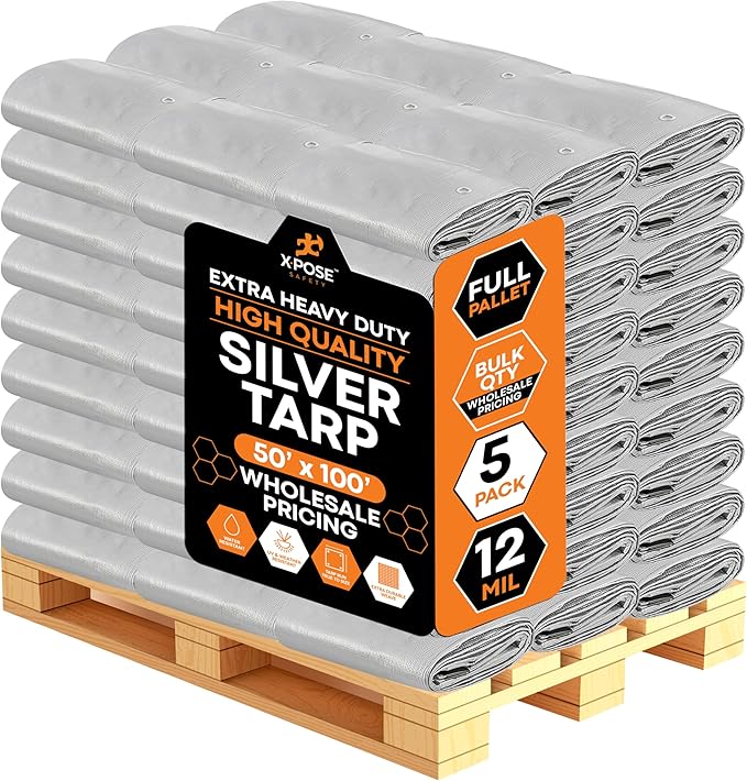 Heavy Duty Silver Poly Tarp 50' X 100' - Bulk Full Pallet (5 Pack) - Multipurpose Protective Cover - Durable, Weather Proof & Tear Resistant - 12 Mil Thick Polyethylene - by Xpose Safety