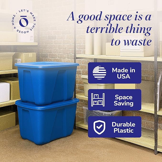 HOMZ 2-Pack Durable Molded Bin, Plastic Storage Containers with Lids, 32 Gallon, Blue - Stackable Organizer Totes and Boxes for Bedroom, Kitchen, and Garage Organization