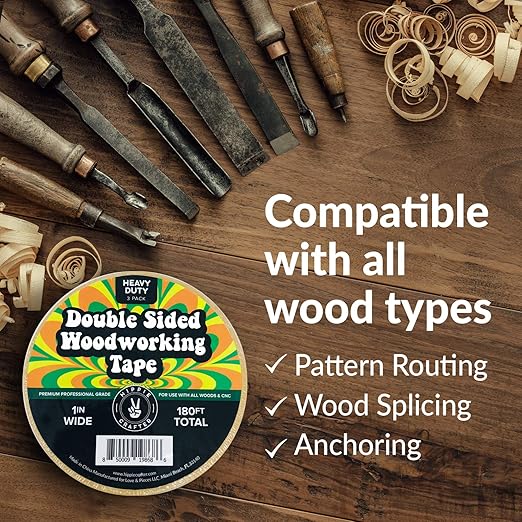 HIPPIE CRAFTER 3 Pack Double Sided Tape for Woodworking, 1 Inch Wide Heavy-Duty Sticky Tape for CNC Machines and Routing Templates, 60 Feet Each, 180ft Total