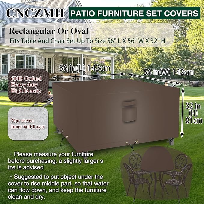 Square Heavy Duty Patio Table Covers Waterproof, 600D Outdoor Dining Table and Chair Set Covers, Outdoor Furniture Cover Waterproof for Sectional Sofa Couch 56''L x 56''W x 32''H, Brown