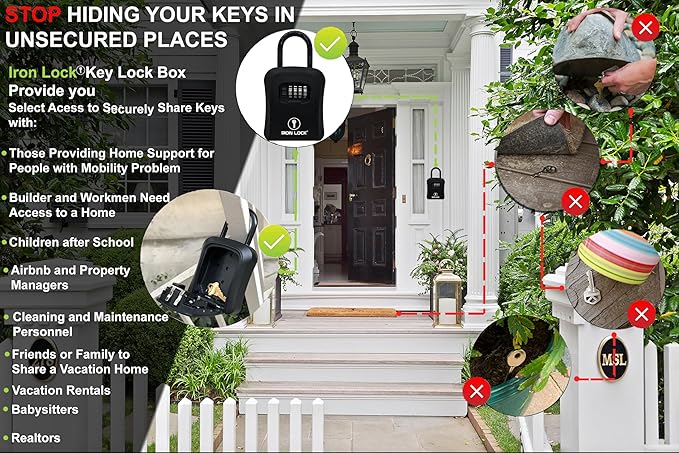 Iron Lock® Key Lock Box Portable with U-Shackle & Wall Mount – Medium Waterproof Heavy-Duty Metal Safe with 4-Digit Combination for Spare Keys Outside on Door Knob, Fence or Gate (Black, Medium)