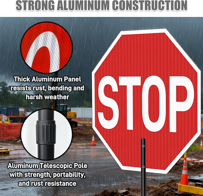2 Pack Stop Slow Sign 18 x 18 Inches with 66" Telescopic Handle, Double Sided Handheld Stop/Slow Paddle Sign, Adjustable Reflective Aluminum Traffic Signs with Engineer Grade Film for Road Street