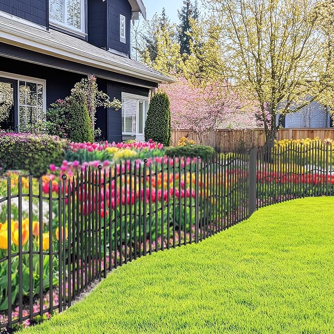 No Dig Garden Fence with Gate - 5 Panels 32in H x 11.25ft L, Sturdy Square Tube Rustproof Tall Animal Barrier for Dogs, Decorative Outdoor Fencing for Yard Gardens & Patios