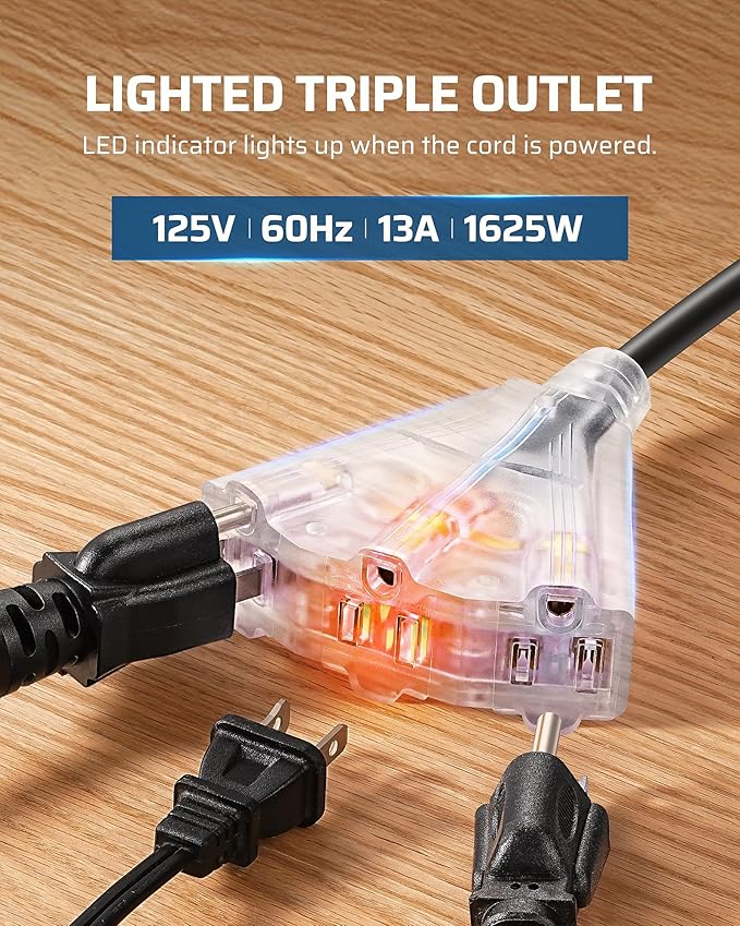 DEWENWILS Retractable Extension Cord Reel, 50FT Heavy Duty Power Cord, 14/3AWG SJTOW, Lighted Triple Tap Outlets, 13 Amp Circuit Breaker, Ceiling/Wall Mount, UL Listed