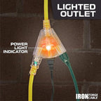 Iron Forge Cable 50ft Yellow Outdoor Extension Cord with 3 Outlets - 14/3 SJTW 15 Amp 50ft Extension Cord 3 Prong - Multiple Outlets with Lighted End