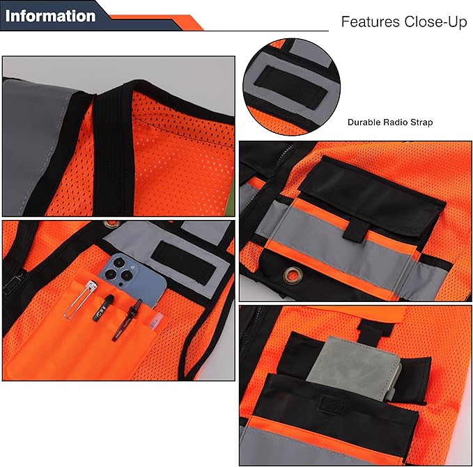 Class 2 High Visibility Reflective Safety Vests Women & Men With 15 Pockets And Zipper Front,Meets Ansi/Isea Standards
