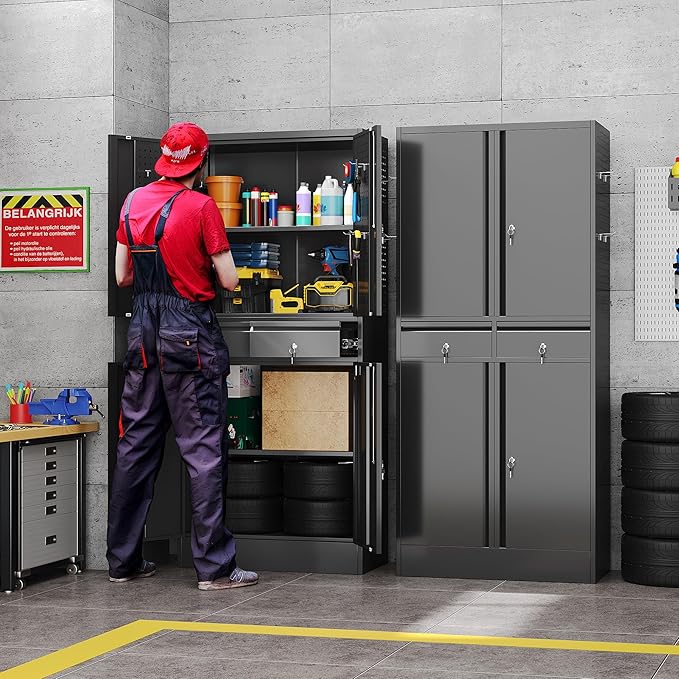 71" H Metal Garage Storage Cabinet with Pedboard and Adjustable Shelves,Metal Tool Storage Cabinet with 2 Drawers for Garage, Warehouse,Utility Room,Assembly Required,Black