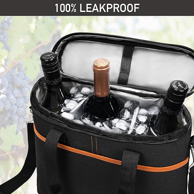 opux 3 Bottle Wine Carrier Tote, Insulated Leakproof Wine Cooler Bag, Wine Travel Bag Tote for Picnic BYOB Beach, Portable Wine Bottle Carrying Case, Gift for Wine Lover Women Men Christmas, Brown