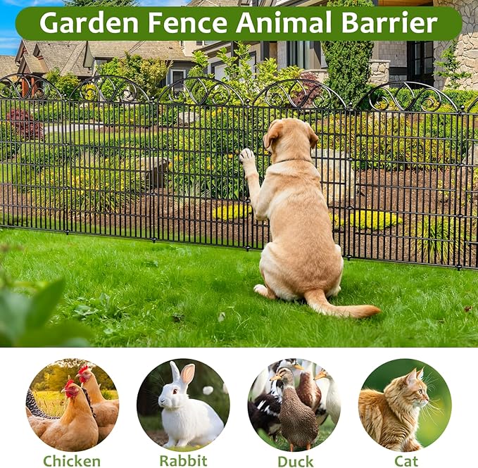 10 Panels No Dig Tall Garden Fence with Gate – 44" H X 23.6' L Rustproof Metal Dog Fence Outdoor for Yard, Decorative Animal Barrier Fence for Pet, Garden Border, Patio, Flower | Temporary Fencing