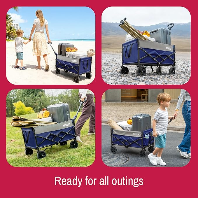 SYNCFUN Collapsible Wagon Cart with Wheels 300lbs Blue, Portable Sports Utility Rolling Wagon for Beach, Garden, Camping & Grocery, Fishing