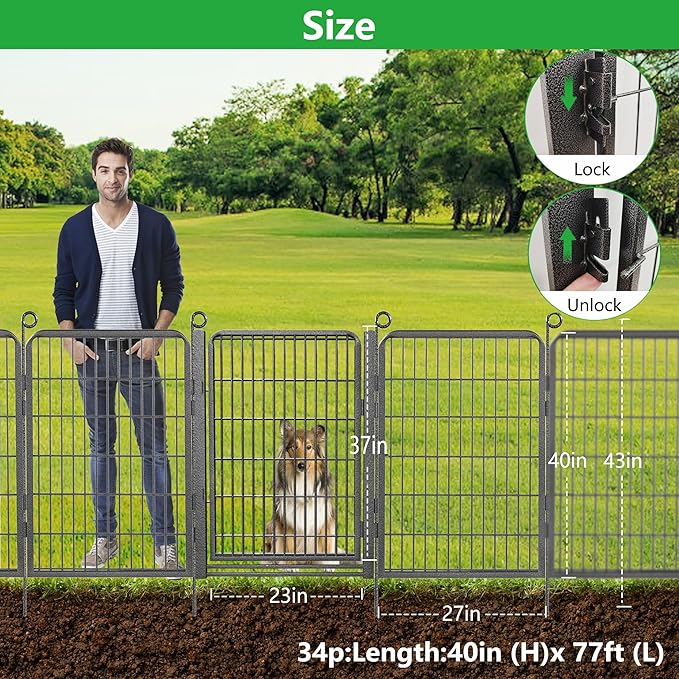 Decorative Garden Fence with Gate, 40 in(H) x 77 ft(L) Rustproof Metal Fence Panels No Dig Fence with Full Panel Gate, Dog Fence Outdoor for Yard, Animal Barrier Garden Fencing for Yard