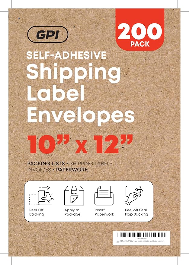 2000 Count 10" x 12" Shipping Label Envelopes, Clear Packing List Pouches with Self-Adhesive Back, Top Loading for Shipping Labels Sleeves, for Packing Slips, Labels Invoices & Paperwork. GPI