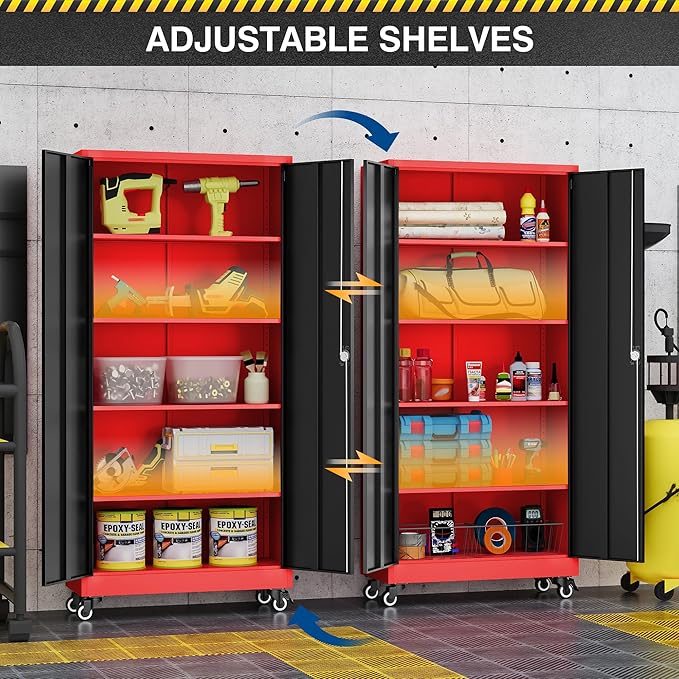 Metal Rolling Storage Cabinet-74.6” Tall Steel File Cabinets with Wheels Lockable Doors and Adjustable Shelves-Black & Red Steel Storage Cabinet for Home, School, Office, Garage