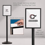 Crowd Control Warehouse Pedestal Standing Floor Sign Frame with Sloped Base, 8.5x11 Inch Vertical, Polished Stainless Steel