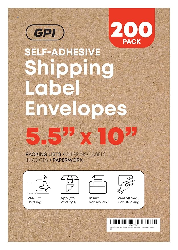 2000 Count 5.5" x 10" Shipping Label Envelopes, Clear Packing List Pouches with Self-Adhesive Back, Top Loading for Shipping Labels Sleeves, for Packing Slips, Labels Invoices & Paperwork. GPI