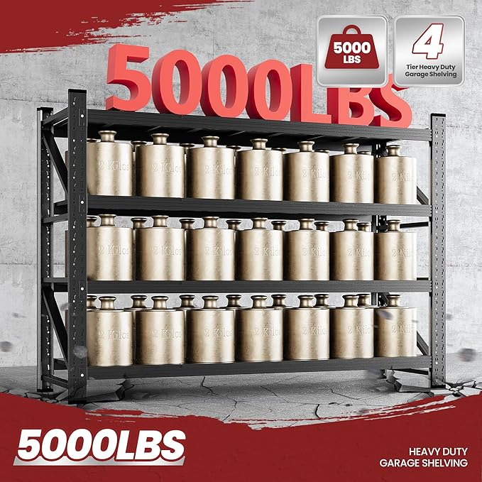 60" Wide Storage Shelves, 5000LBS Garage Shelving Heavy Duty, Standing Shelf Units, 4 Tier Metal Adjustable Storage Shelving Rack for Shop Warehouse Basement, 60'' W x 24''D x 70'' H