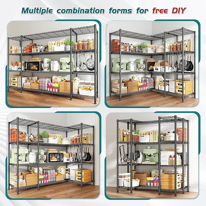 REIBII 78.4''W Wire Shelving Storage Shelves Unit Load 1500LBS,4 Tier Metal Shelving with Adjustable Metal Shelf Wire Rack for Pantry Shelves Commercial Shelving Kitchen Garage 78.4''Wx11.8''Dx59''H
