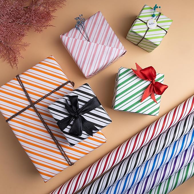 Purple Papers Wrapping Paper - Mini Roll - 18 Inch X 33 Feet - Stripes Design for Birthday, Holiday, Wedding, Baby Shower (Black)