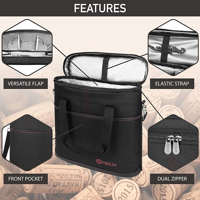opux 3 Bottle Wine Carrier Tote, Insulated Leakproof Wine Cooler Bag, Wine Travel Bag Tote for Picnic BYOB Beach, Portable Wine Bottle Carrying Case, Gift for Wine Lover Women Men Christmas, Black