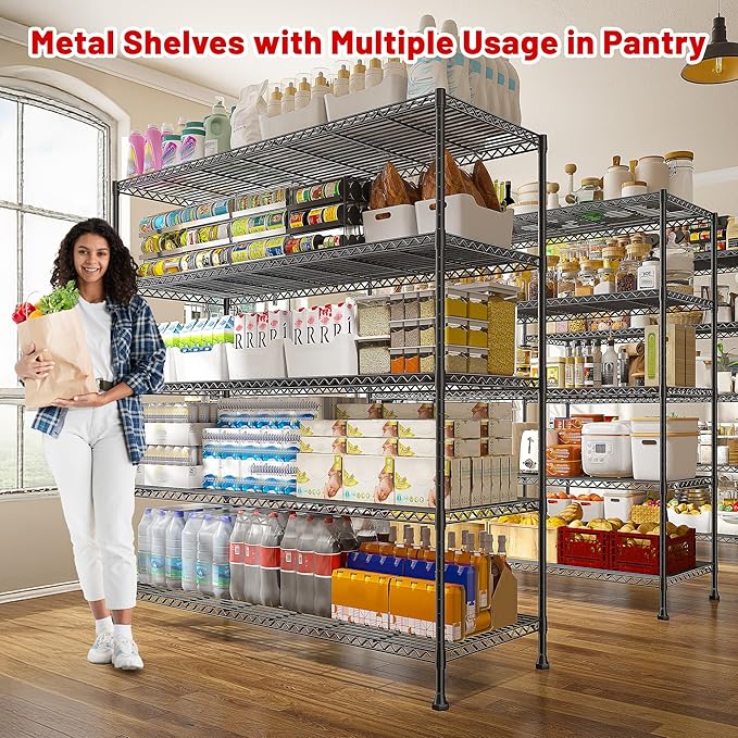 REIBII 45.8“W Metal Shelving Storage Shelves, 5-Tier Wire Shelving Unit,Heavy Duty Garage Shelving, Adjustable Storage Rack for Restaurant Pantry Kitchen Dining Room Supermarket Commercial Black