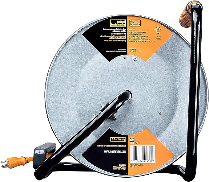Masterplug Metal Steel Drum with Four Powered Outlets, Open Cord Reel Extension Cord with Winding Handle, Overload Circuit Breaker and Power Switch, 75 Feet 12AWG, High Visibility Cord