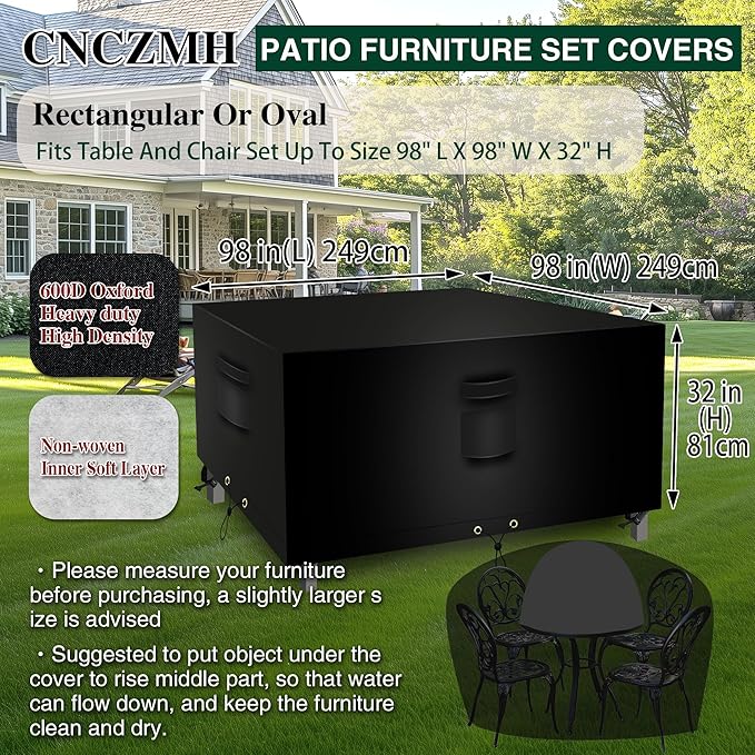 Square Heavy Duty Patio Table Covers Waterproof, 600D Outdoor Dining Table and Chair Set Covers, Outdoor Furniture Cover Waterproof for Sectional Sofa Couch 98''L x 98''W x 32''H, Black