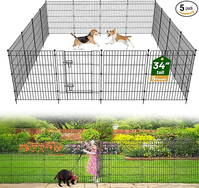 5 Panels No Dig Garden Fence with Gate, 34in(H) × 11.25ft(L) Decorative Metal Outdoor Dog Fence, Rustproof Pet Fencing for Yard, Patio, Flower Bed -Temporary Fencing| Easy to Install