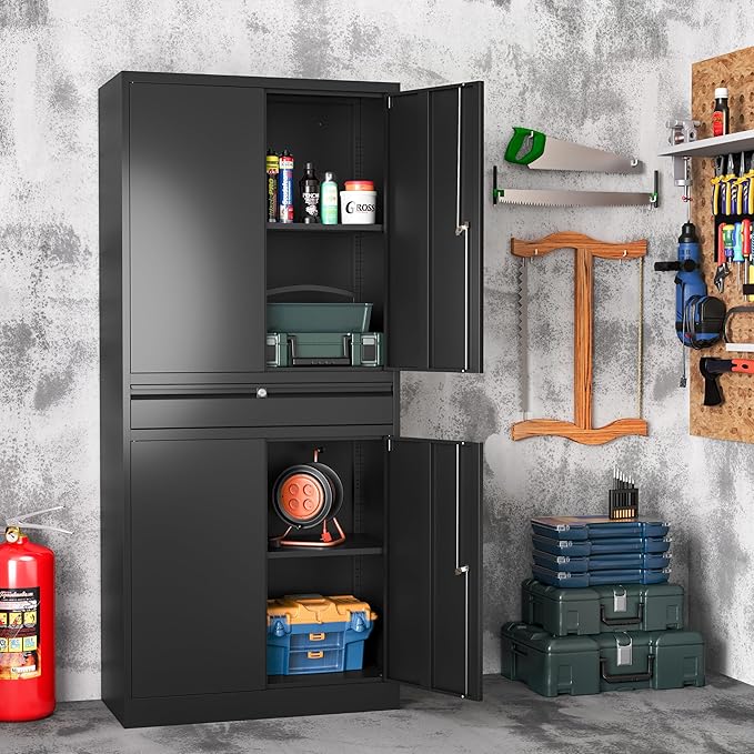 Metal Storage Cabinet with with Drawer, Garage Storage Cabinet with Locking Doors and Adjustable Shelves for Garage, Home Office,Warehouse (Black)