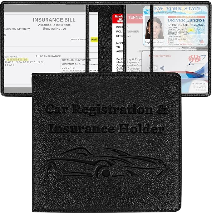 Car Registration and Insurance Holder, Premium PU Leather Vehicle Glove Box Car Organizer Men Women Wallet Accessories Case for ID, Driver's License - Black