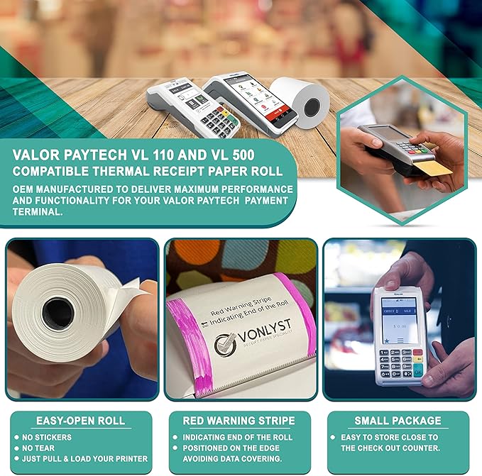 Receipt Paper Roll for Valor Paytech VL 110 and VL 500 Credit Card Machine (10 Rolls)