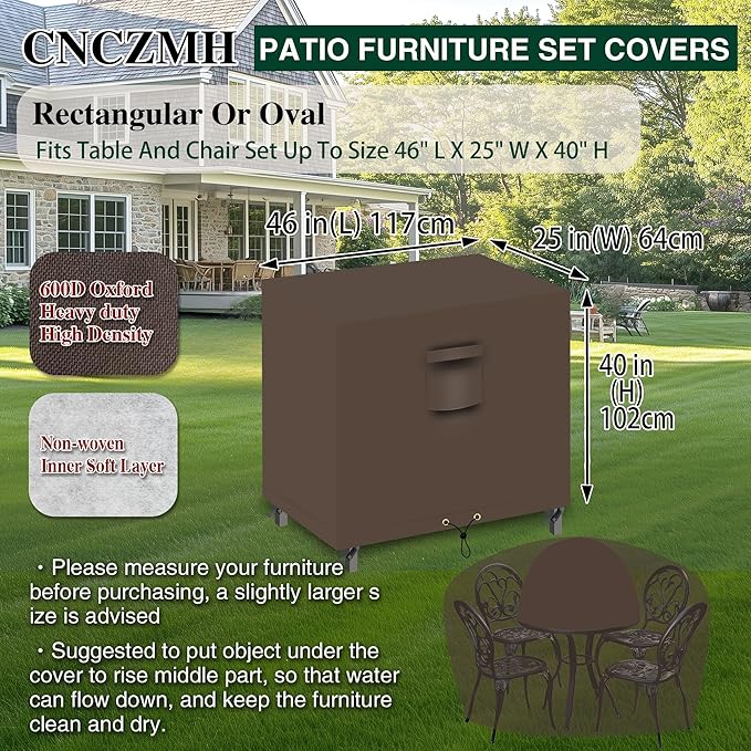 Heavy Duty Patio Furniture Covers Waterproof, 600D Outdoor Furniture Cover Waterproof for Sectional Sofa Couch, Outdoor Dining Table and Chair Set Covers 46''L x 25''W x 40''H, Brown