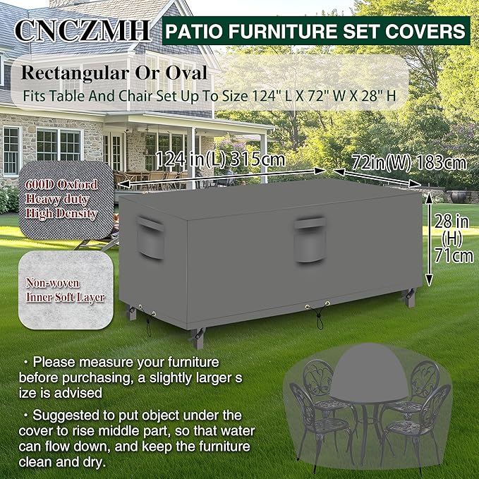 Heavy Duty Patio Furniture Covers Waterproof, 600D Outdoor Furniture Cover Waterproof for Sectional Sofa Couch, Outdoor Dining Table and Chair Set Covers 124''L x 72''W x 28''H, Grey