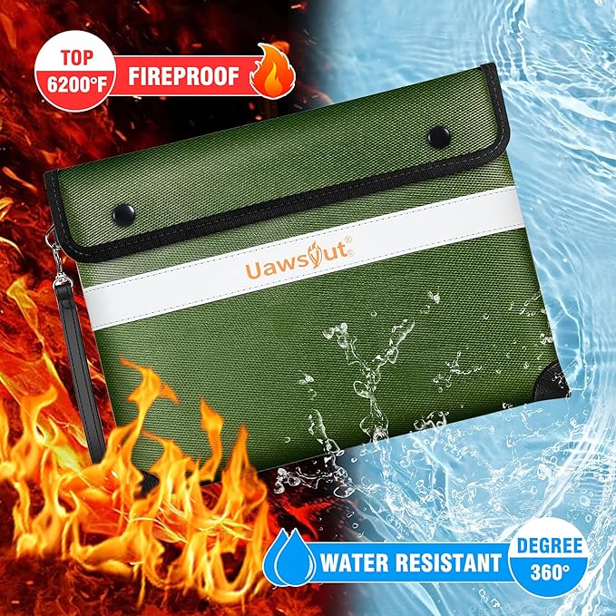 Fireproof Document Bag - 6200°F Heat Insulated, Small Important Document Bags with Zipper, Water Resistant Money Bag for Cash, Cell Phone, Tablet, Credit Card,Passport (13.9"x10.6", Green)