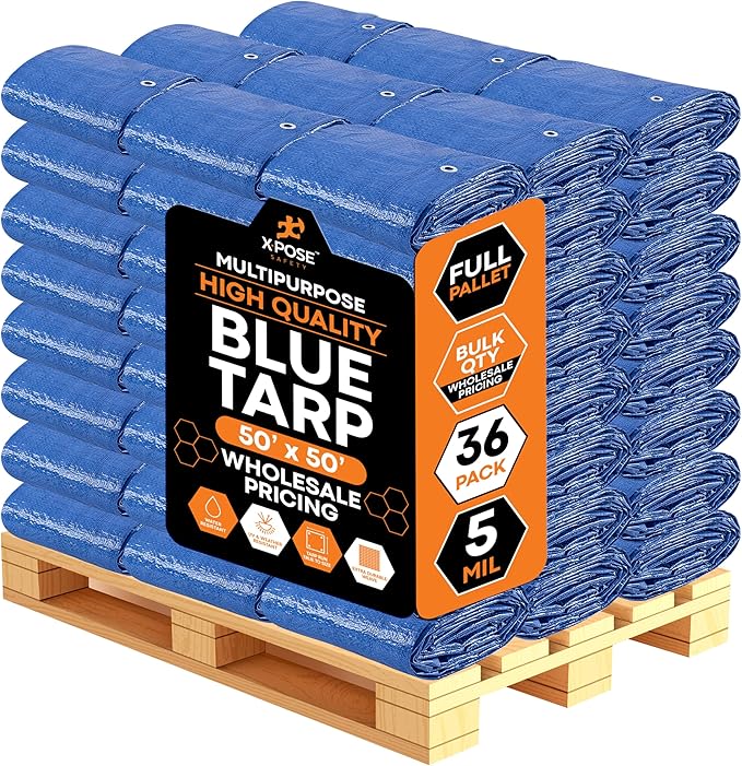 Better Blue Poly Tarp 50' x 50' - Bulk Full Pallet (36 Pack) Multipurpose Protective Cover - Lightweight, Durable, Waterproof, Weather Proof - 5 Mil Thick Polyethylene - by Xpose Safety