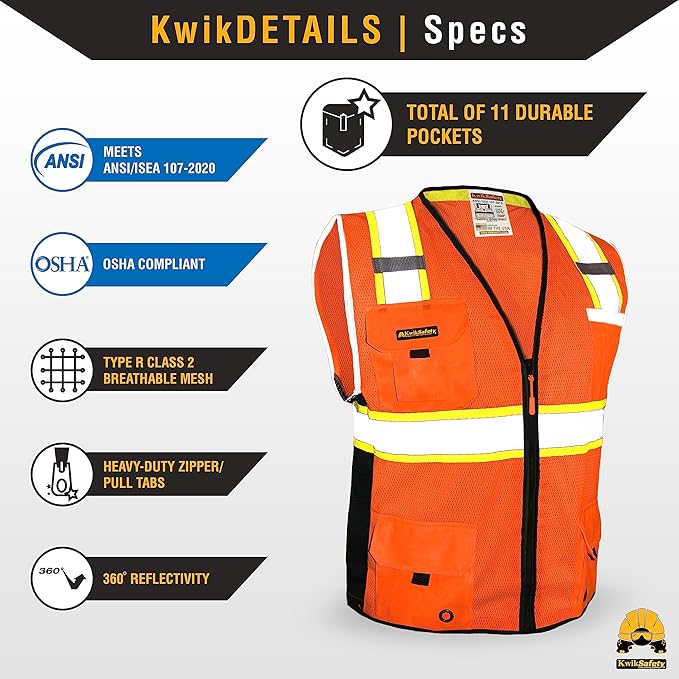 KwikSafety - Charlotte, NC - BIG KAHUNA Safety Vest [11 Pockets] Class 2 ANSI OSHA Reflective Vest Durable High Visibility Vest Construction Safety Vest for Men Industrial Work Gear/Orange 3XL