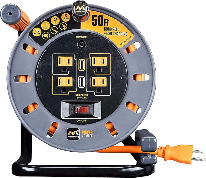 Masterplug 50ft Cord Reel, Retractable Extension Lead with Winding Handle, Safety Overload Circuit Breaker and Power Switch, 4x Grounded Outlets, 2x USB Ports, 15amps, 12AWG Cable