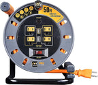 Masterplug 50ft Cord Reel, Retractable Extension Lead with Winding Handle, Safety Overload Circuit Breaker and Power Switch, 4x Grounded Outlets, 2x USB Ports, 15amps, 12AWG Cable