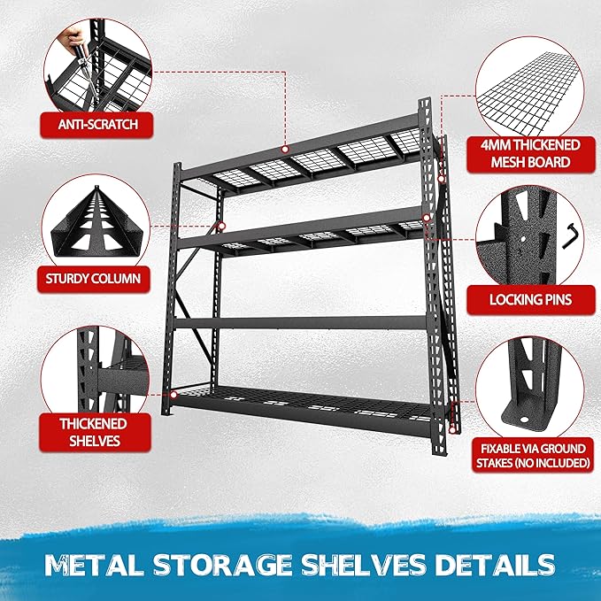 8000LBS 91 "W x 24 "D x 87 "H Storage Shelves, 4-Tier Adjustable Metal Shelving Units and Storage, Iron Industrial Shelving for Garage, Warehouse, Basement, Black