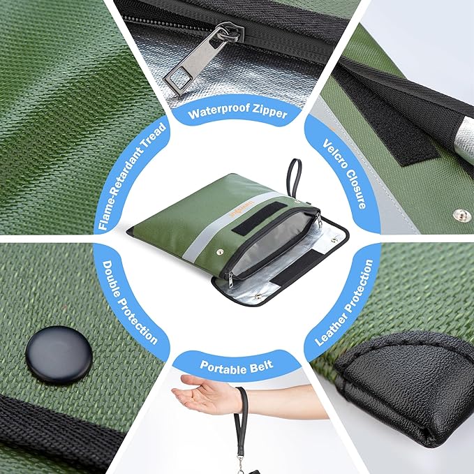 Fireproof Document Bag - 6200°F Heat Insulated, Small Important Document Bags with Zipper, Water Resistant Money Bag for Cash, Cell Phone, Tablet, Credit Card,Passport (13.9"x10.6", Green)