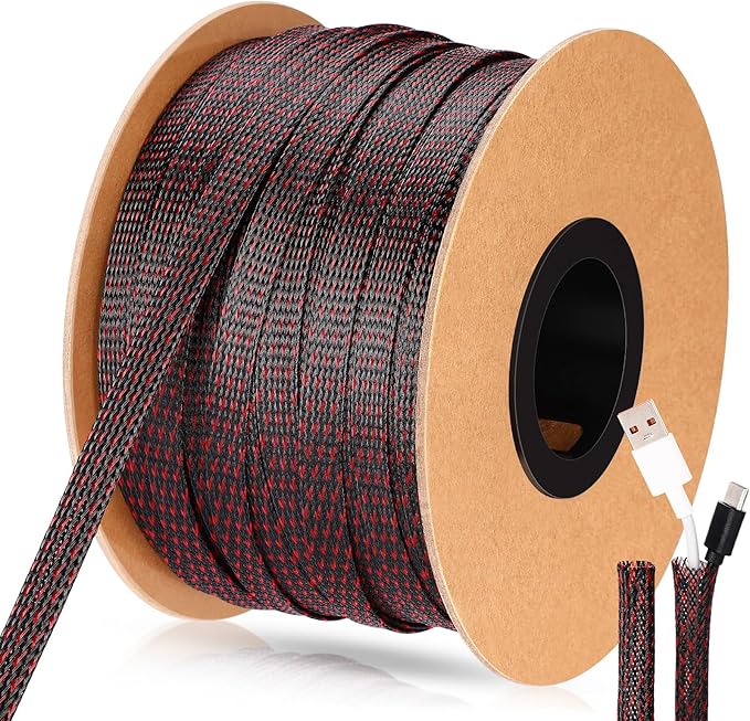 Pangda 1.5inchx50ft Wire Loom Pet Expandable Braided Sleeving Braided Sleeve for Tv, Computer, Home Theater(Black-Red)