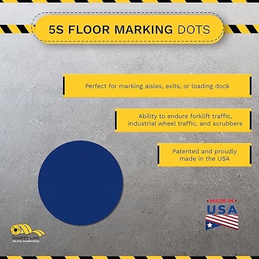 Mighty Line 5.7" Solid Dot Shaped Floor Marking Tape for Safety, Caution, Warning, Heavy-Duty, Peel and Stick, Adhesive Circle Spots, Industrial Quality, Blue, Pack of 100