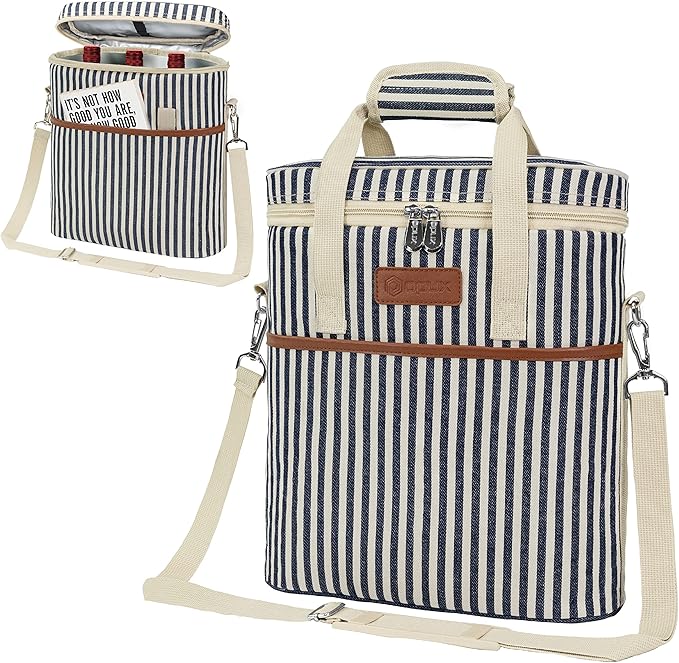 Opux 3-Bottle Wine Carrier Tote, Insulated Leakproof Cooler Bag, Portable Wine Bottle Tote for Picnic, BYOB, Beach - Stripe