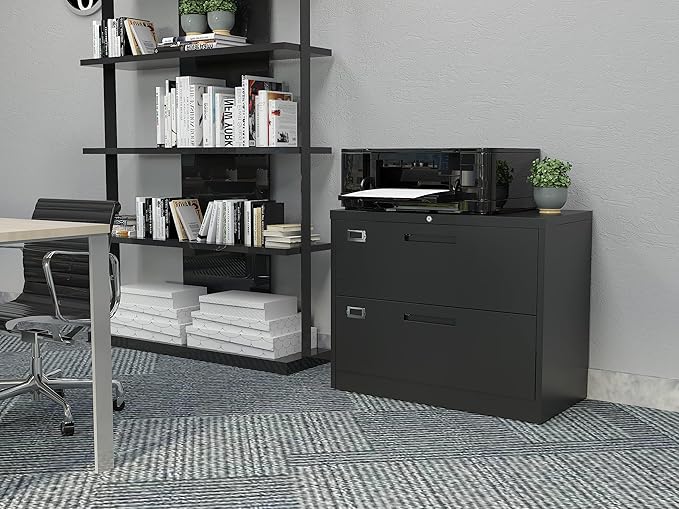 2 Drawer Lateral File Cabinet Metal Filing Cabinet with Lock Office Home Steel Lateral File Cabinet for A4 Legal/Letter Size Lockable Wide Metal Cabinet,Assembly Required(2 Drawer, Black)