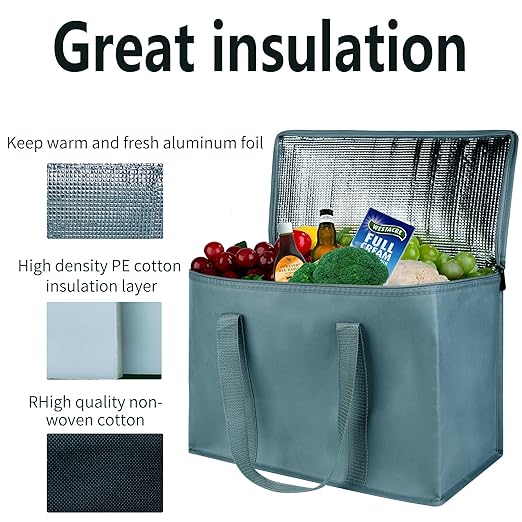 2Pk Insulated Reusable Grocery Bags, Collapsible Cooler Bag for Groceries, Heavy Duty Large Insulated Bag (Urban Gray)