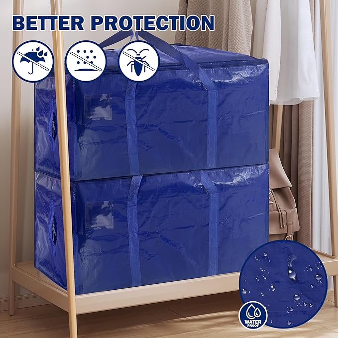 16 Pack Extra Heavy Duty Large Moving Bags with Strong Zipper & Carrying Handles, Sturdy Clothes Storage Bag Totes Bins, Packing Bags Moving Boxes College Moving Supplies, Dark Blue - 33 gal
