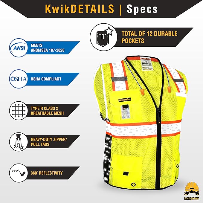 KwikSafety - BIG KAHUNA DIGITAL Safety Vest [LIMITED EDITION] Class 2 ANSI OSHA Reflective Vest Durable High Visibility Vest Construction Safety Vest for Men Industrial Work Gear/Yellow 2XL