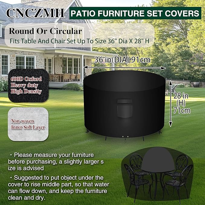 Heavy Duty Patio Furniture Covers Waterproof, 600D Round Outdoor Furniture Cover Waterproof for Sectional Sofa Couch, Outdoor Dining Table and Chair Set Covers 36"DIA x 28"H, Black