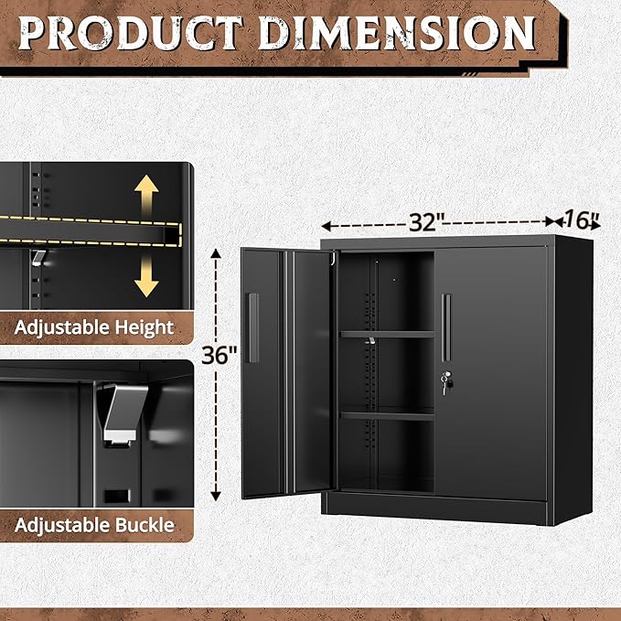 Crownland 36” Metal Storage Cabinet, Lockable Garage Storage Cabinets, Office File Cabinet with Adjustable Shelves for Garage, Home Office, Classroom, Pantry, File(Classic Black-Narrow Size)
