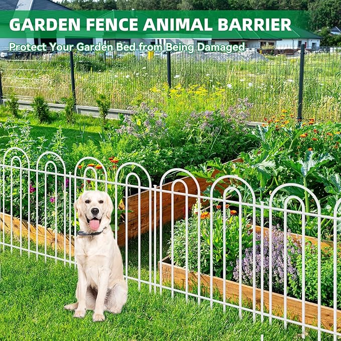 25 Panels Decorative Garden Fence, 24 in(H) X 50 ft(L) No Dig Dog Fence Outdoor for Yard, Rustproof Metal Garden Fencing Animal Barrier with Ground Stakes, Temporary Fencing for Patio Outdoor, White