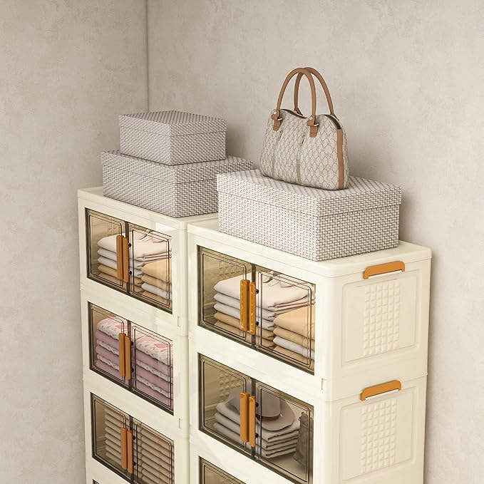 Plastic Stackable Storage Bins with Lids and Wheels, 148.8QT-37.2QT*4Tier Foldable Storage Containers and Collapsible Clear Storage Cabinet with Doors Ivory White